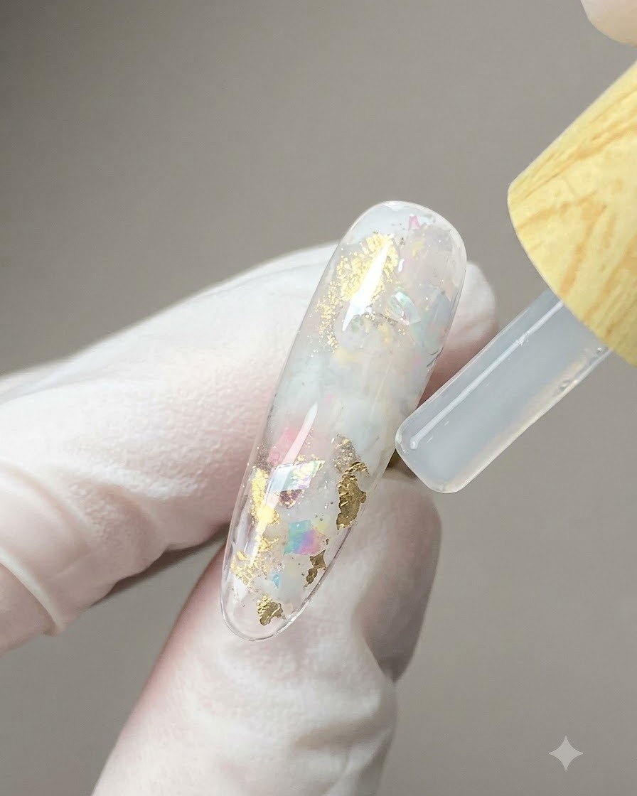 Un pennello che applica un top coat trasparente su un design ungueale texturizzato pieno di scaglie di conchiglia ed effetti bianco latte.