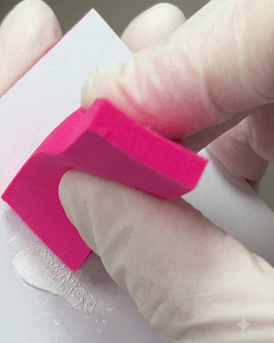 Una mano guantata che usa un tampone di spugna rosa brillante per pulire una superficie durante la preparazione delle unghie.