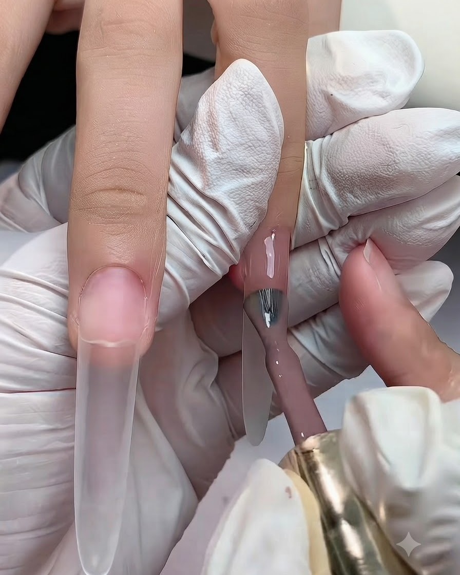 Un pennello da flacone applica un colore gel nude chiaro sulla parte superiore di ununghia lunga con estensione vicino alla cuticola.