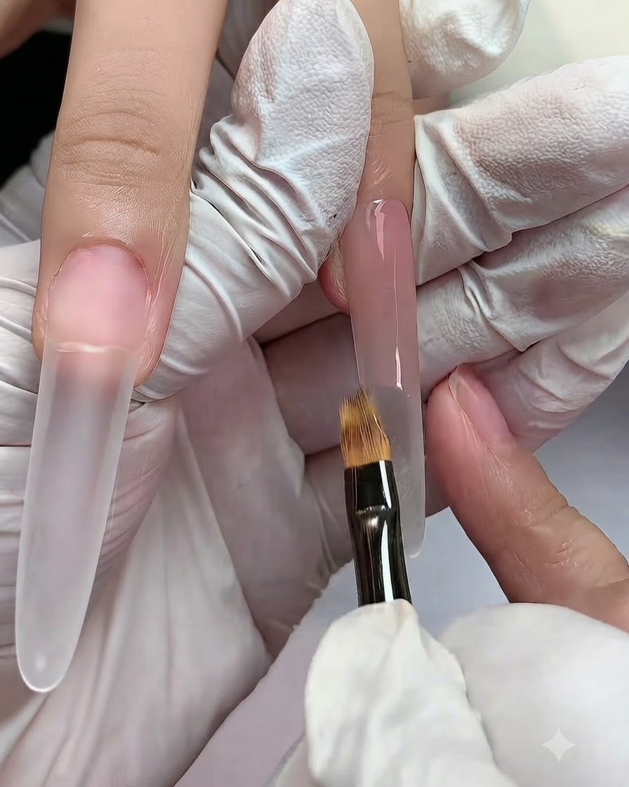 Un pennello piatto per sfumare assottiglia il bordo inferiore del gel nude bagnato su ununghia lunga con estensione.