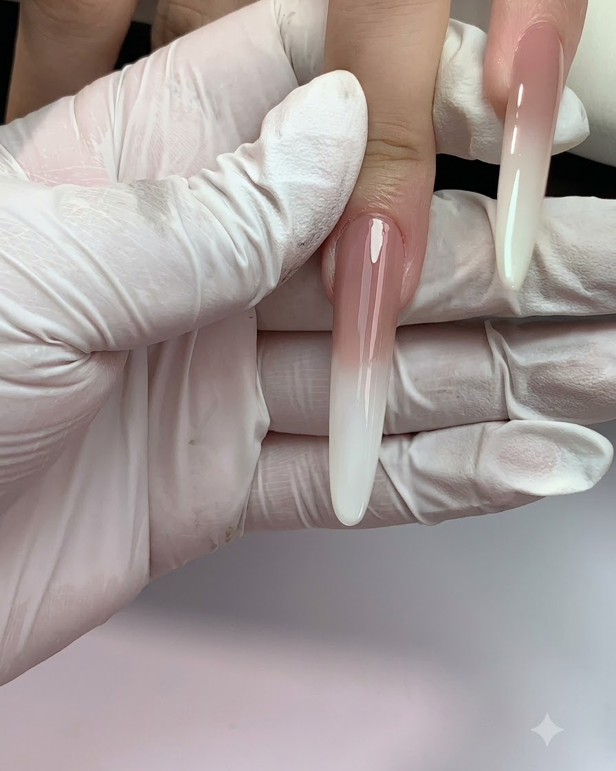 Un primo piano di ununghia lunga che riceve una seconda applicazione di gel nude vicino alla cuticola.