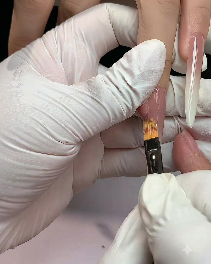 Un pennello piatto per sfumare che amalgama il gel nude verso il basso su ununghia estesa.