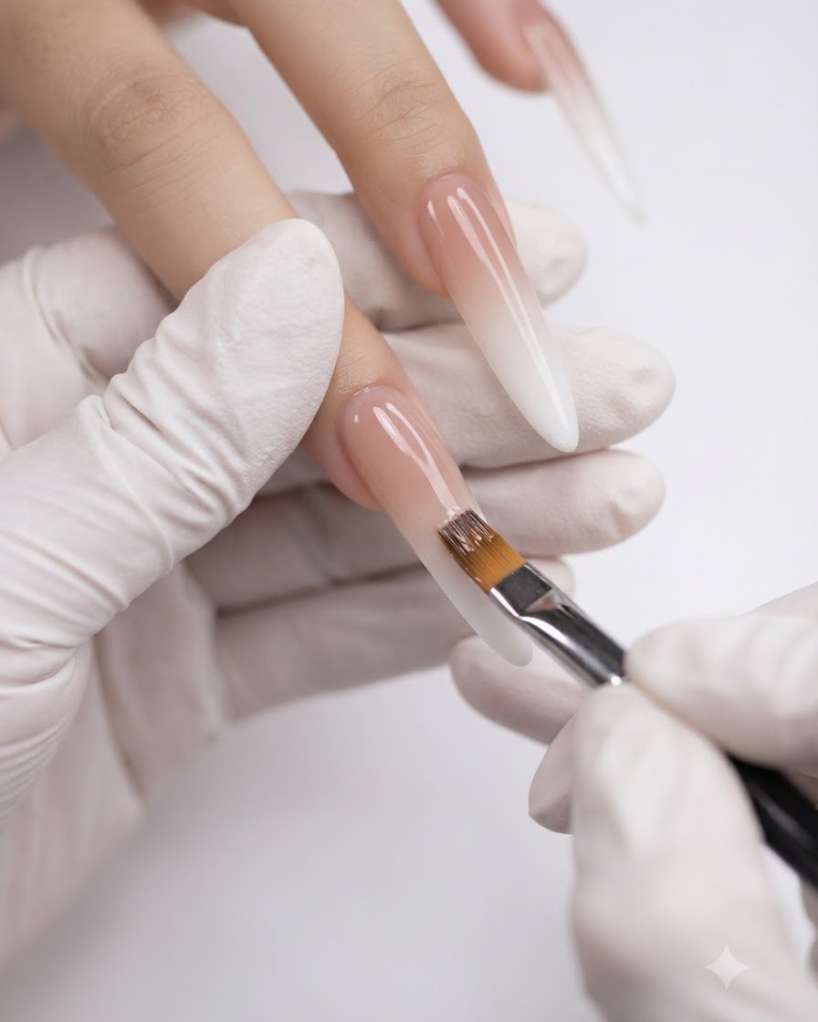 Un pennello che applica un top coat trasparente lucido dalla cuticola alla punta su ununghia sfumata finita.