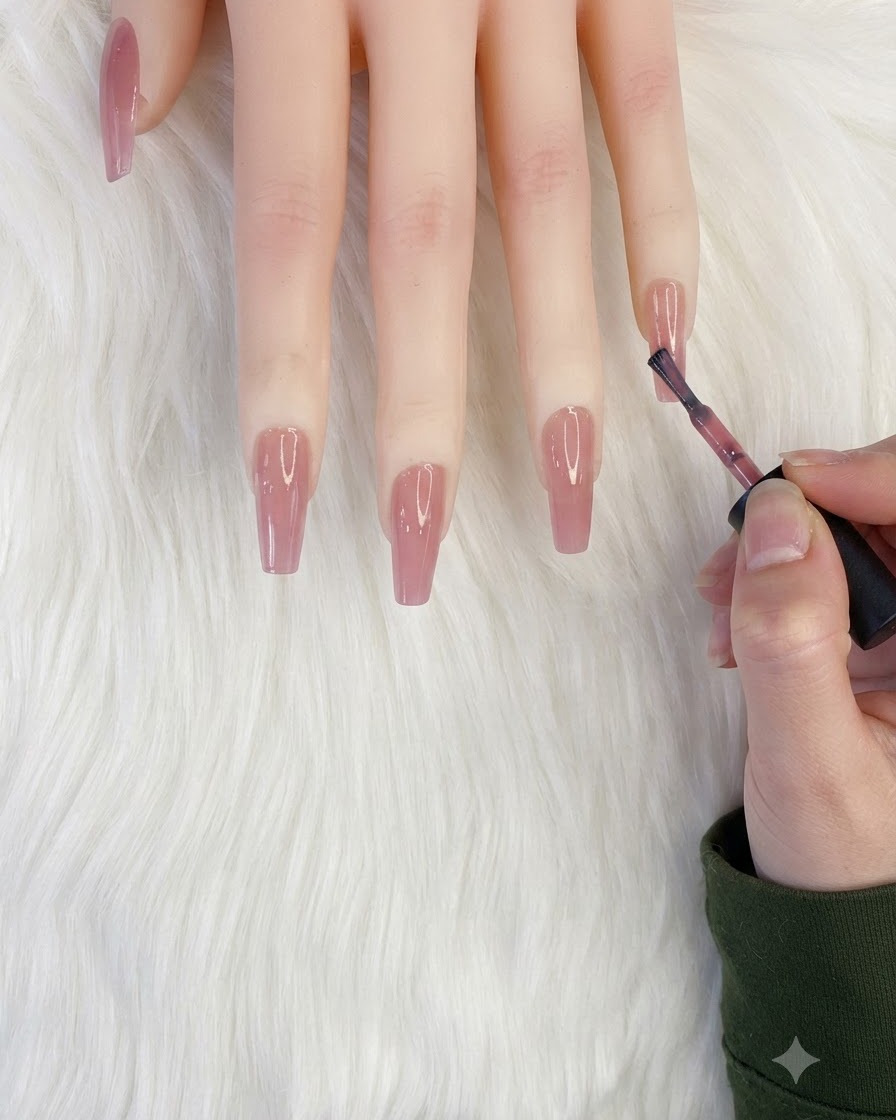 Un pennello per unghie applica una goccia di smalto bianco latte sulla punta di ununghia rosa nude.