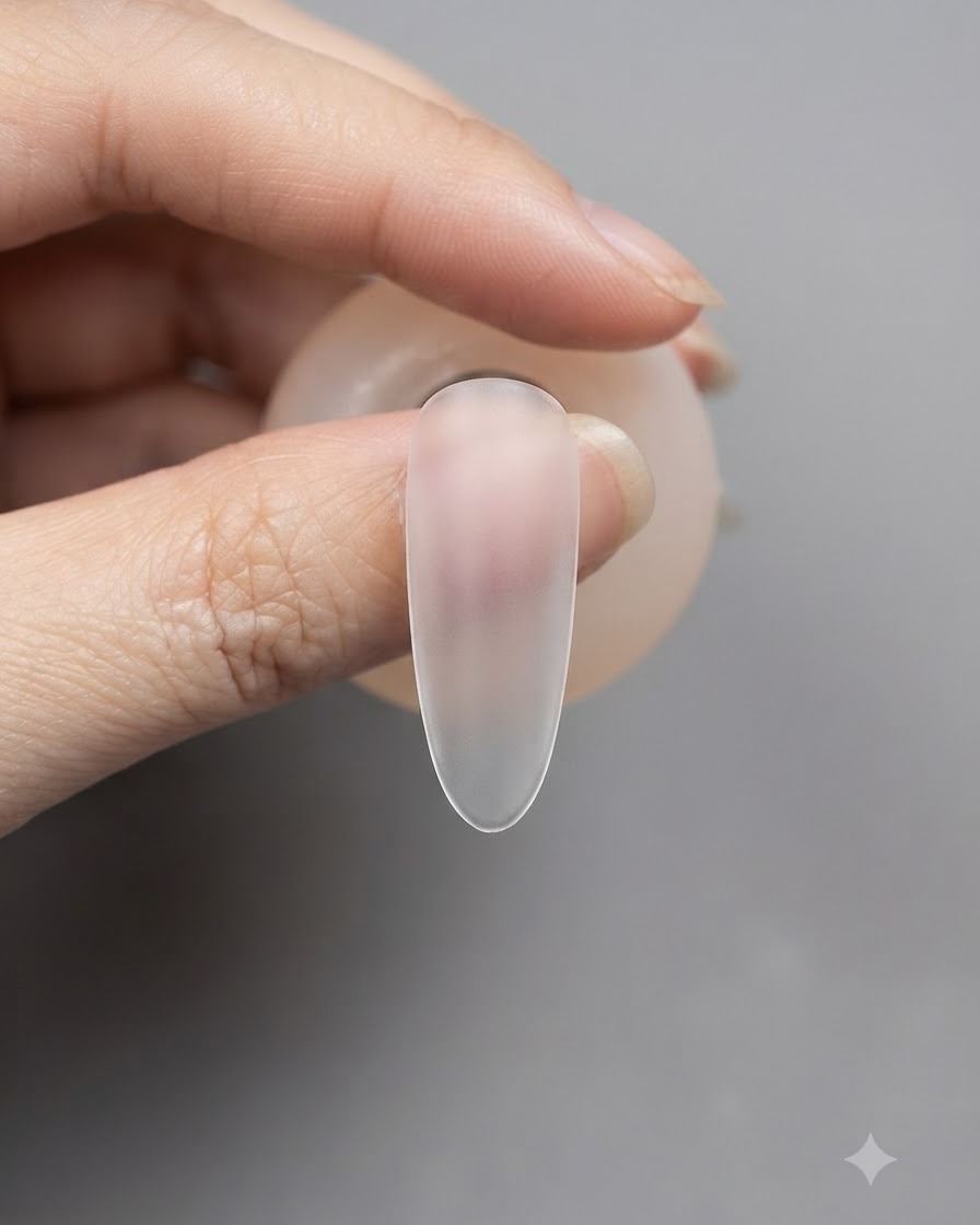 Primo piano di unestensione unghia trasparente con una piccola goccia di gel costruttore trasparente al centro.