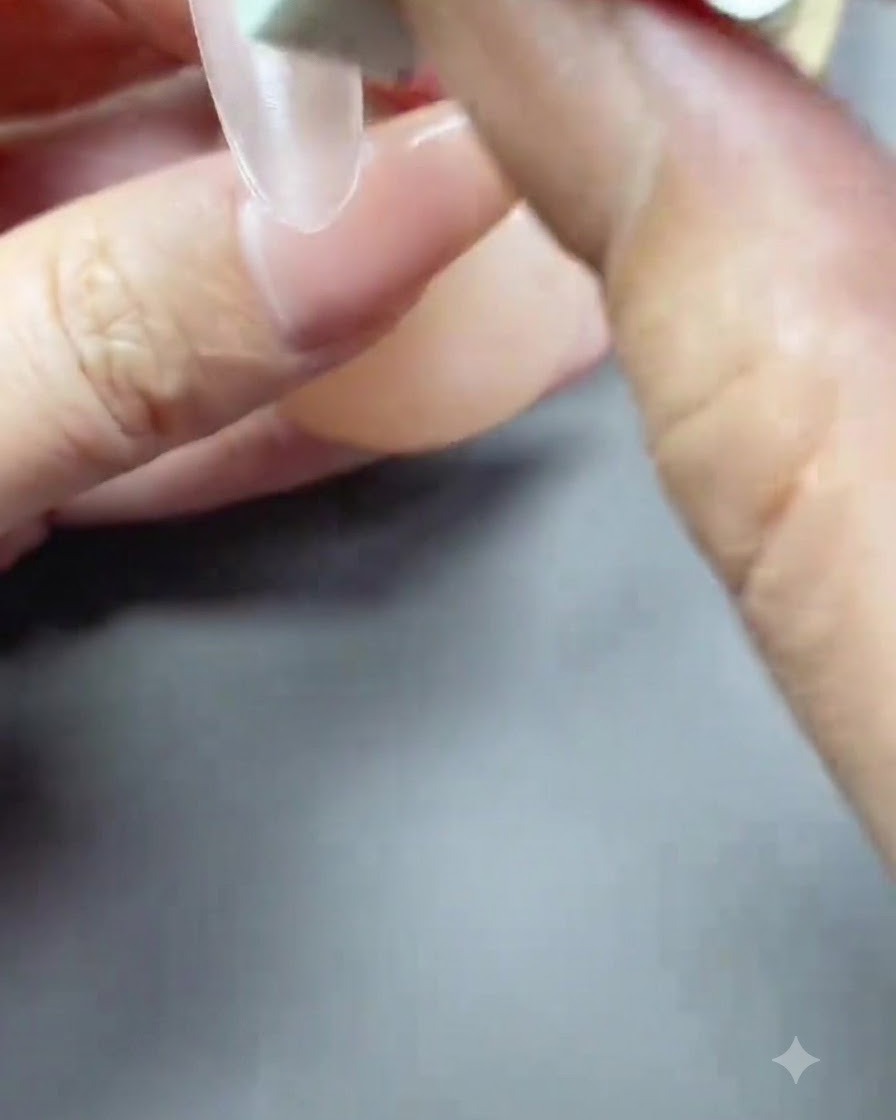 Un pennello applica un sottile strato di smalto gel rosa nude trasparente su unestensione unghia.