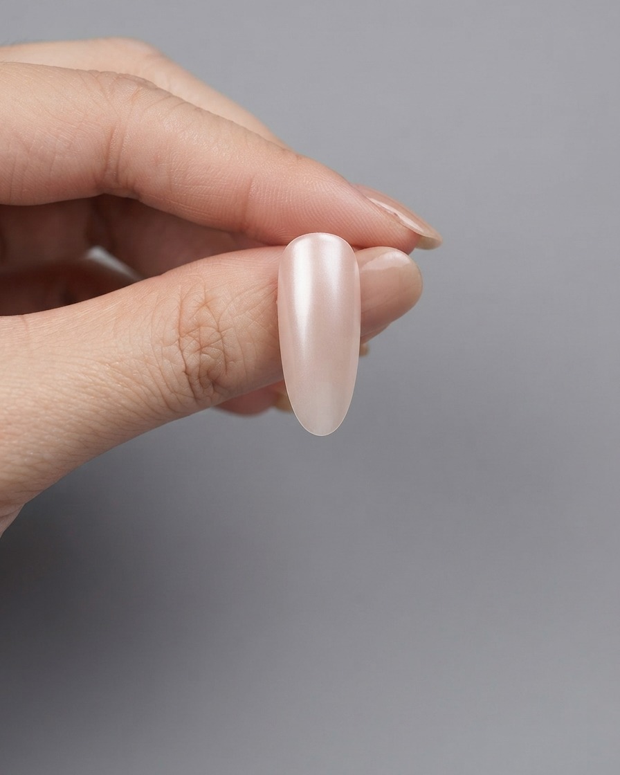 Unestensione unghia rivestita di smalto gel cat-eye magnetico bagnato che mostra una lucentezza perlescente.