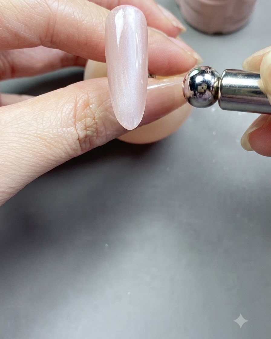 Uno strumento magnetico a sfera metallica tenuto vicino a ununghia rivestita di gel cat-eye per modellare il riflesso magnetico.