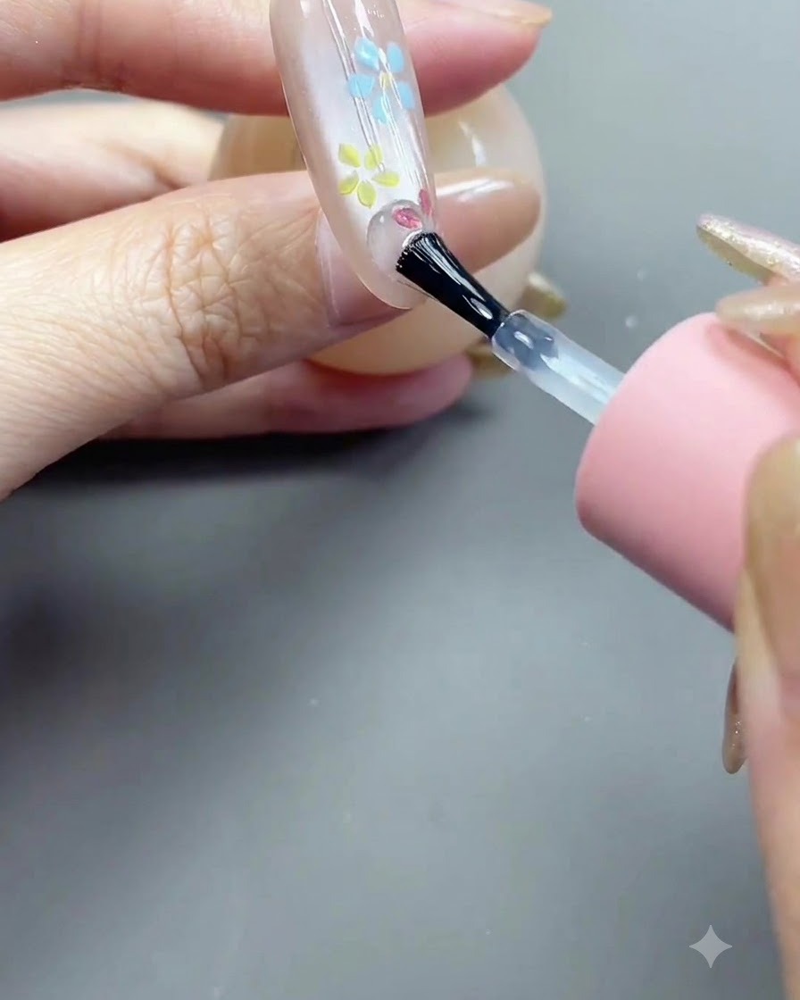Un pennello applica un top coat trasparente e lucido sulla superficie unghia decorata.
