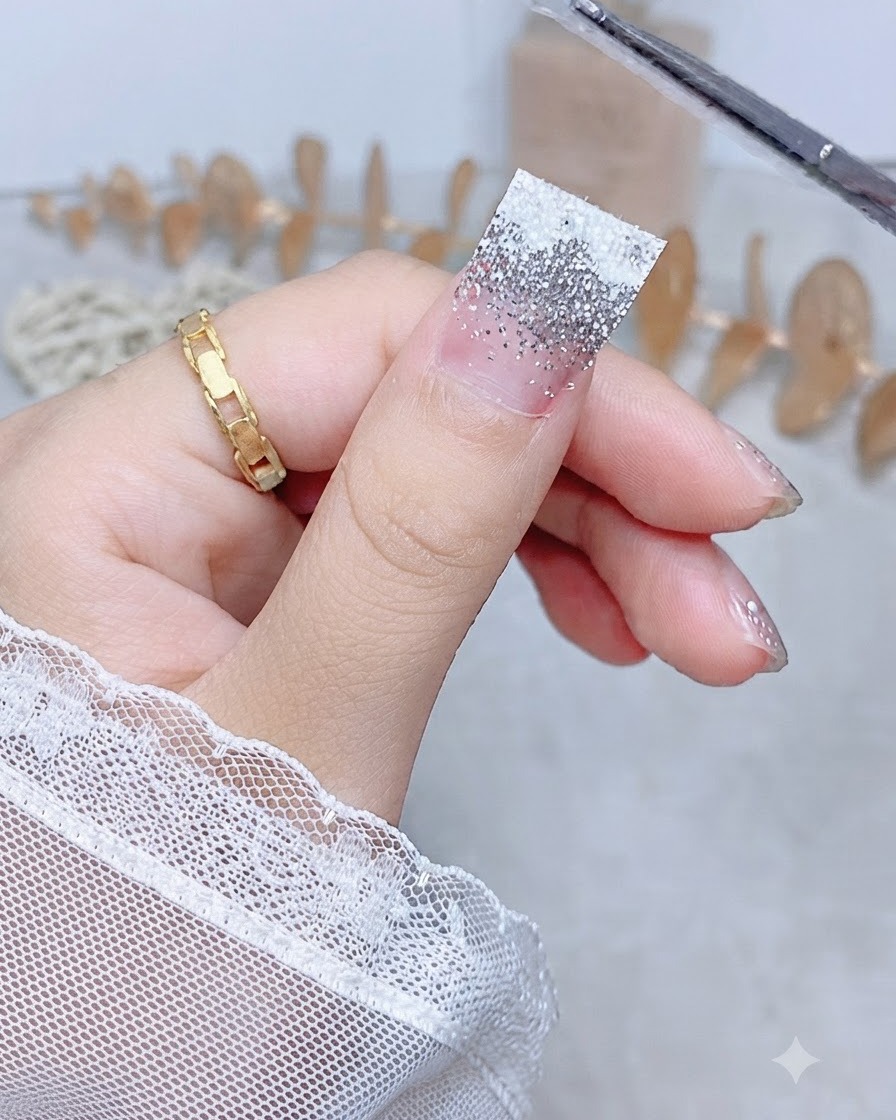 Un primo piano di una mano che preme il bordo laterale di un adesivo per unghie con gradiente glitter argento per fissarlo aderente allunghia.