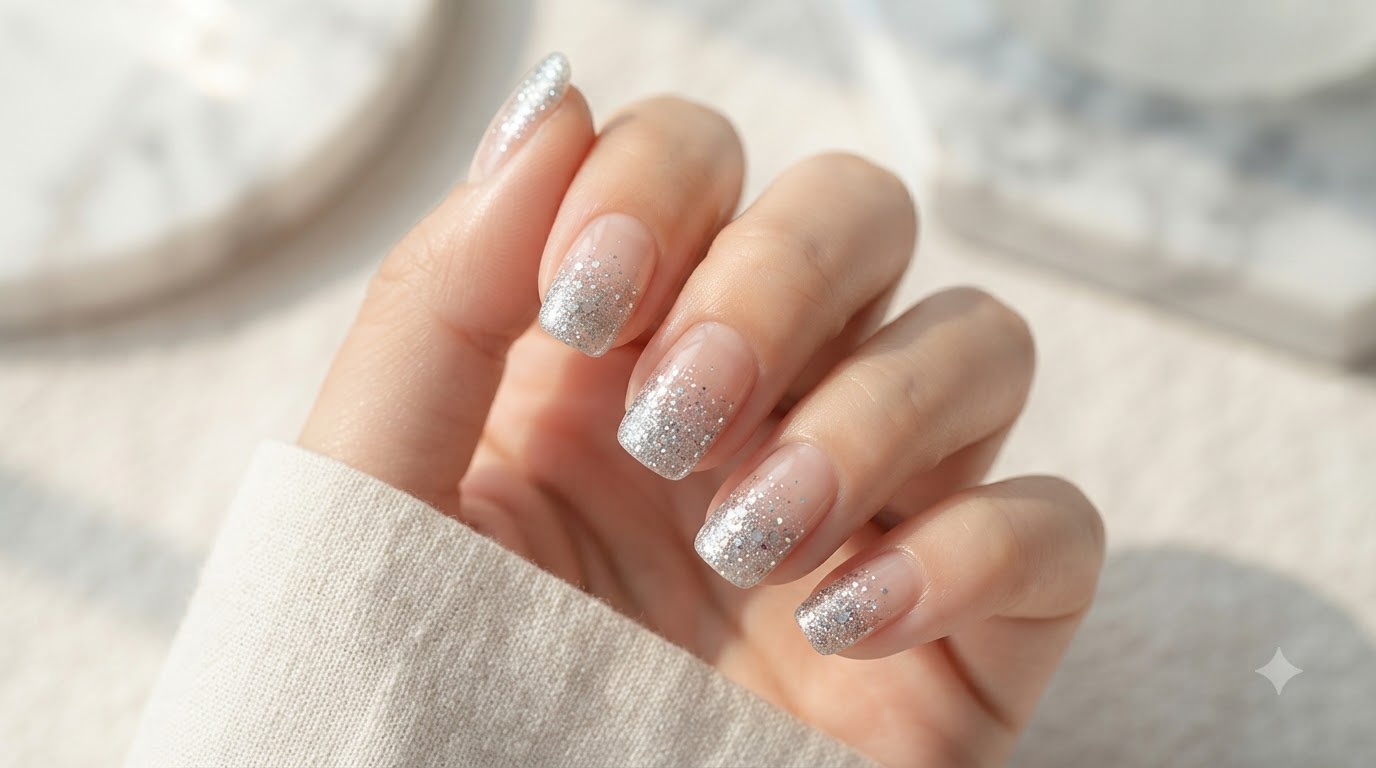 Sticker per Unghie con Gradiente Glitter Argento — Manicure Brillante Veloce e Facile