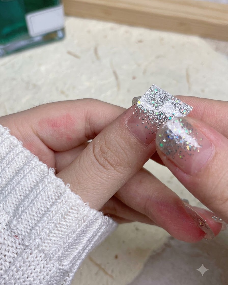 Un pollice che preme saldamente su un adesivo per unghie glitter argento per fissare completamente i bordi.