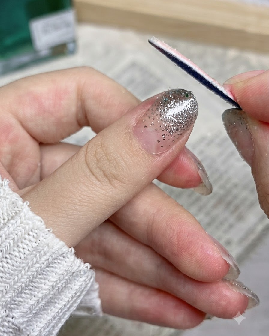 Un primo piano di una singola unghia completata con un design sfumato in glitter argento brillante e bordi puliti.