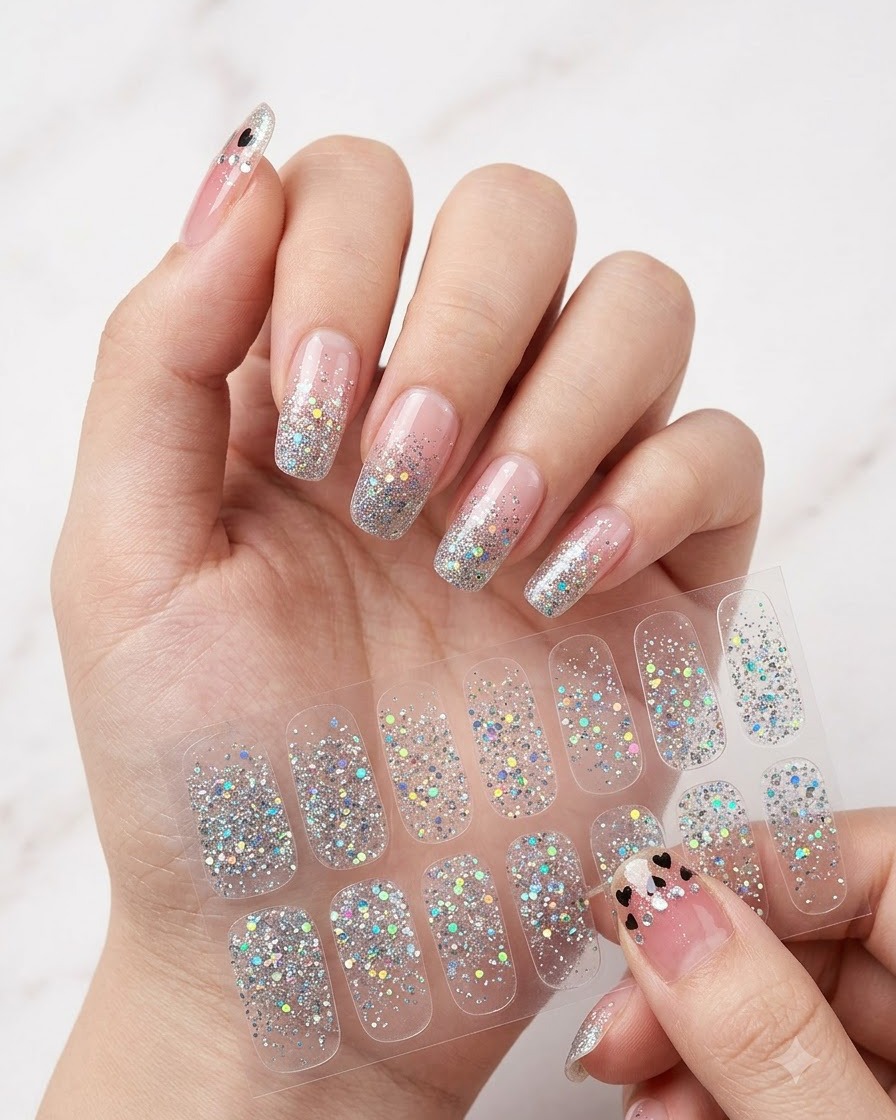 Una mano che solleva un foglio trasparente di adesivi per unghie con un motivo sfumato glitter argento.