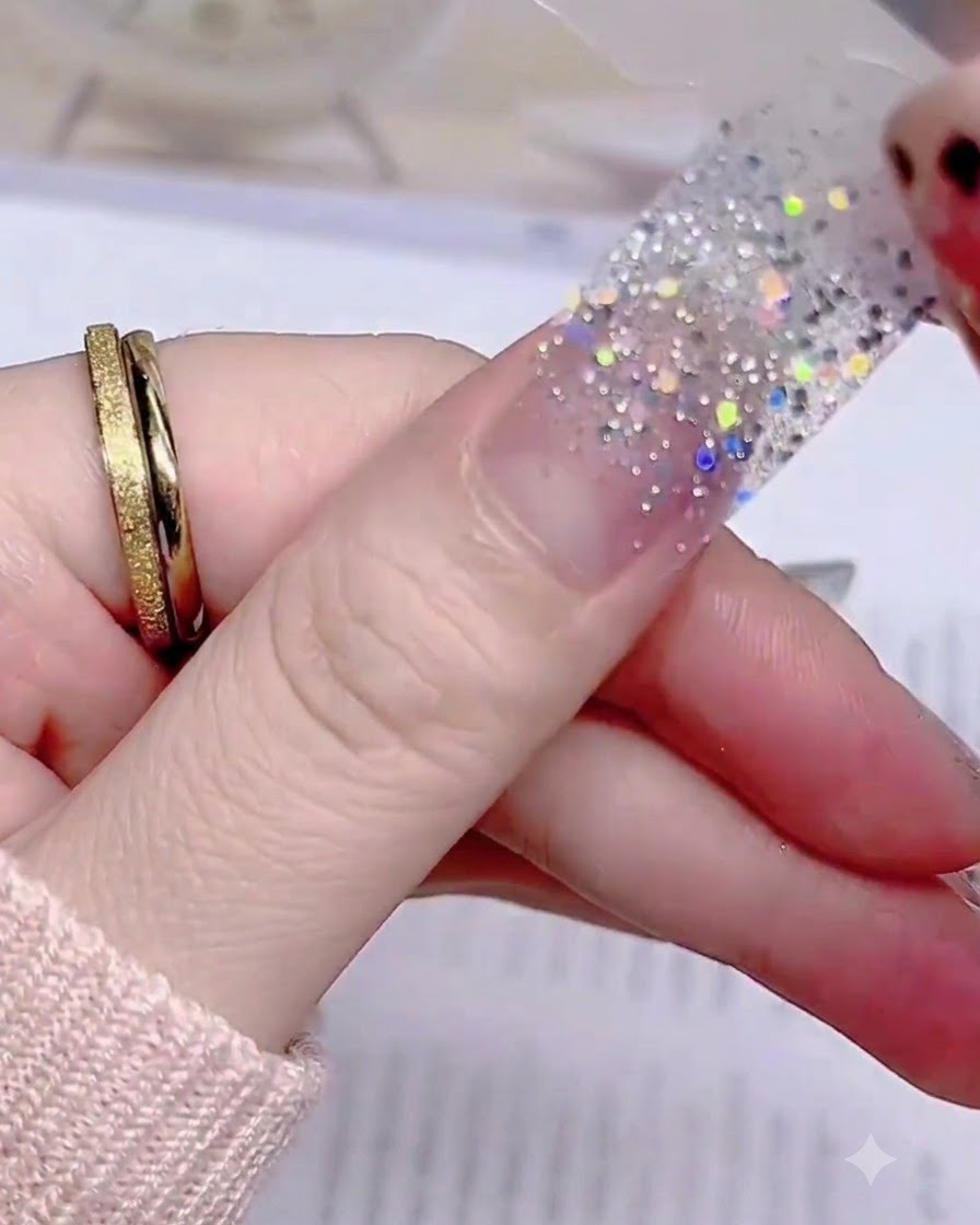 Un dito che preme il centro di un adesivo per unghie glitterato argento piatto sul letto ungueale naturale.