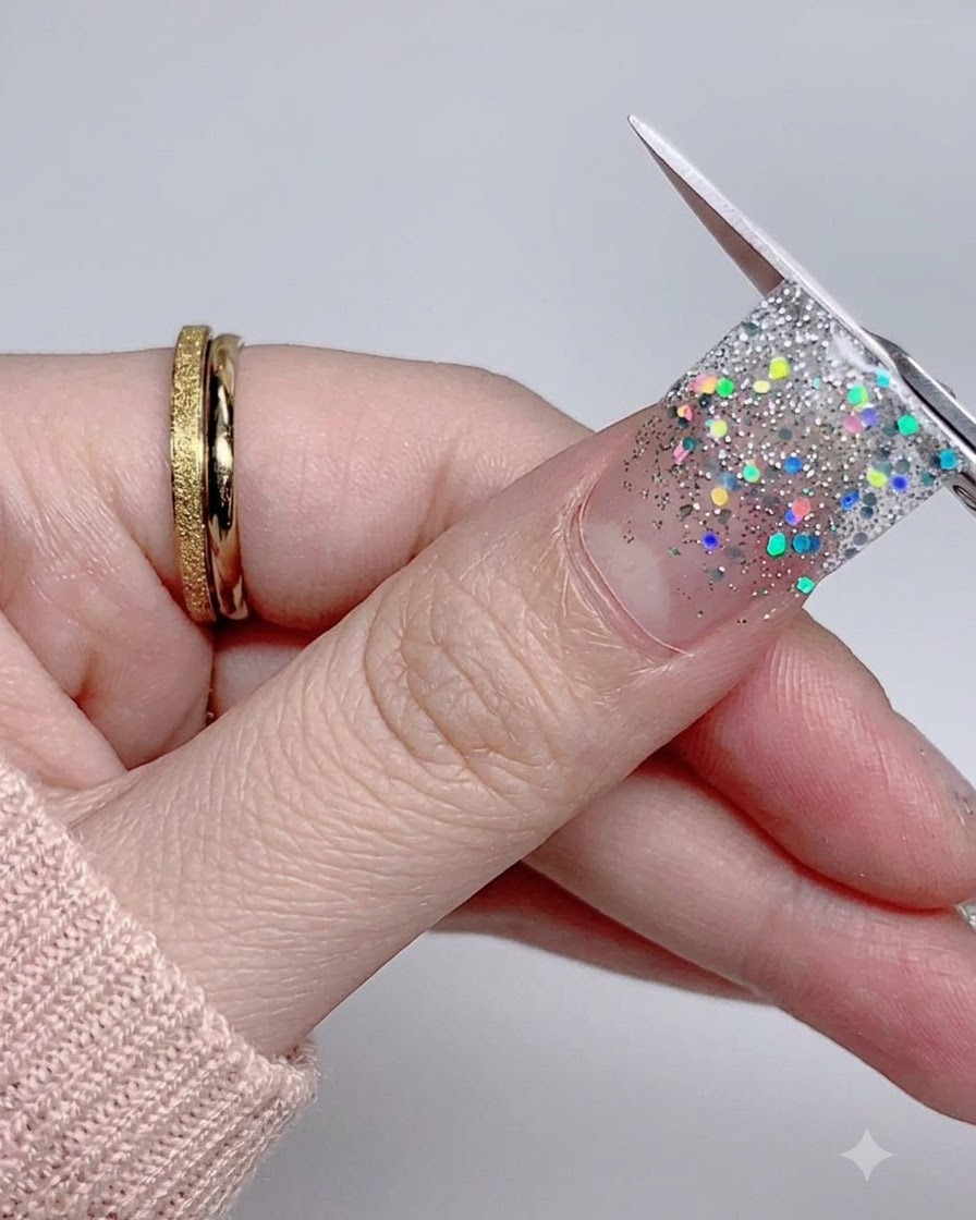 Primo piano di un pollice che preme e liscia il bordo di un adesivo per unghie glitterato argento.
