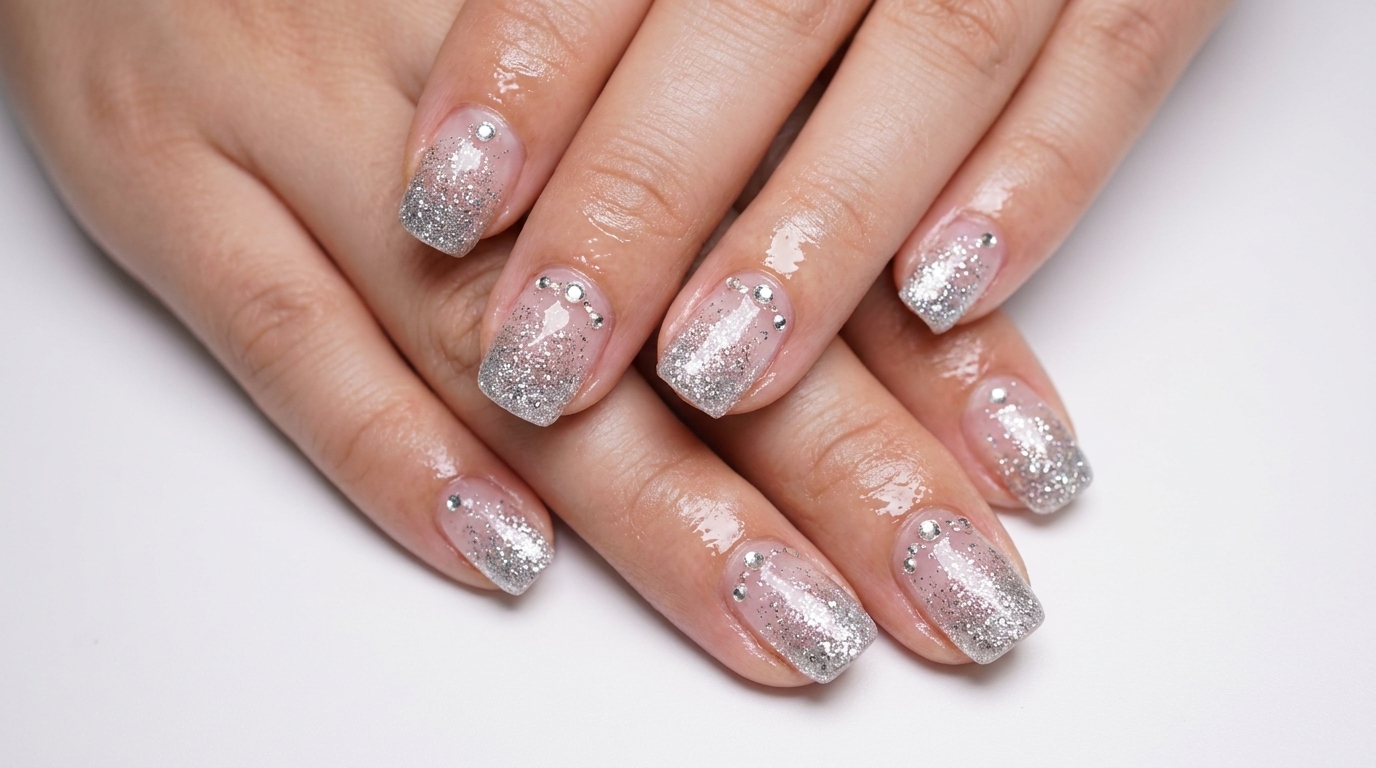 Unghie con Sfumatura Glitter Argento e Dettagli in Cristallo — Tutorial Passo dopo Passo