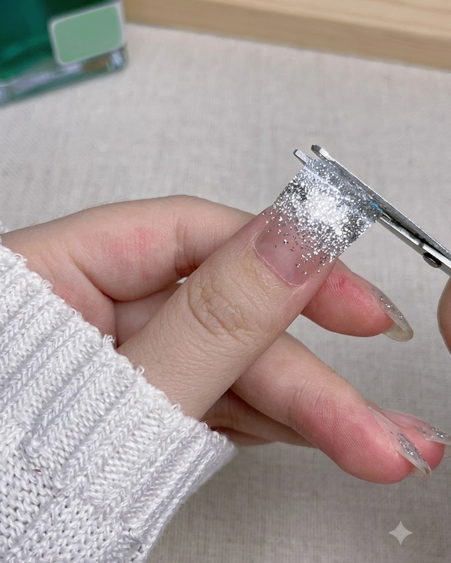 Una vista ravvicinata di ununghia finta con gradiente glitter argento premuta con cura su un dito indice naturale.