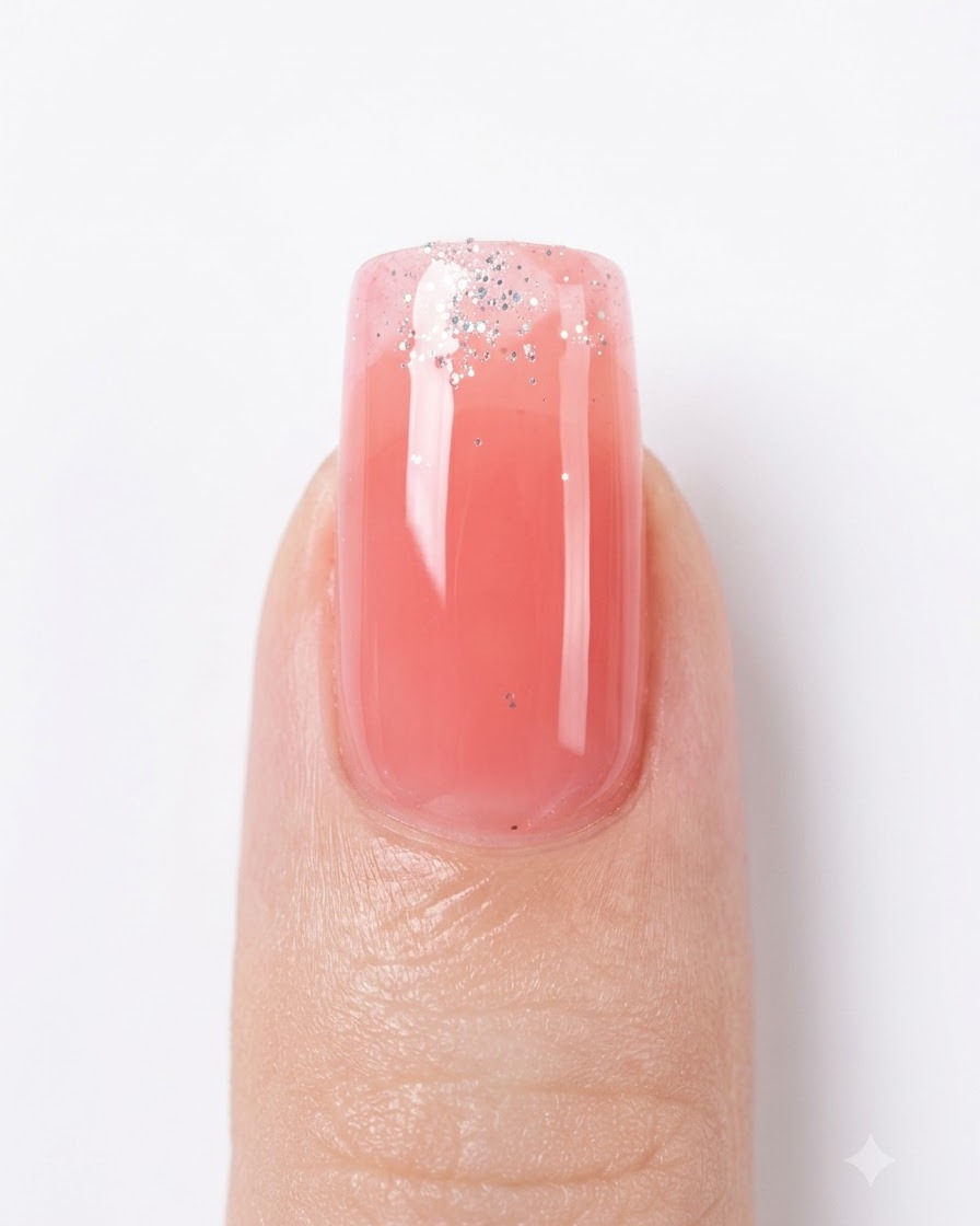 Un pennello fine da nail art che si immerge in un contenitore di gel glitter argento.