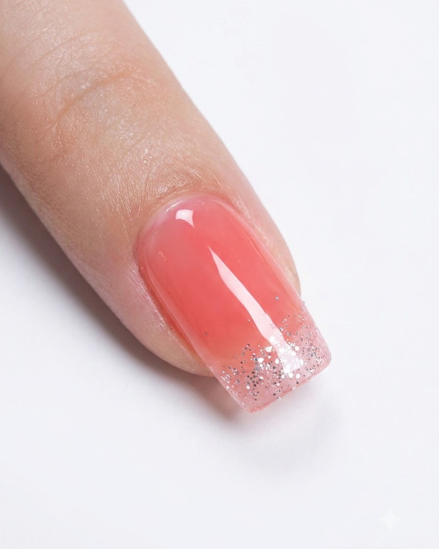 Un primo piano di un dito che riceve una delicata applicazione di glitter argento concentrata sulla punta dellunghia.