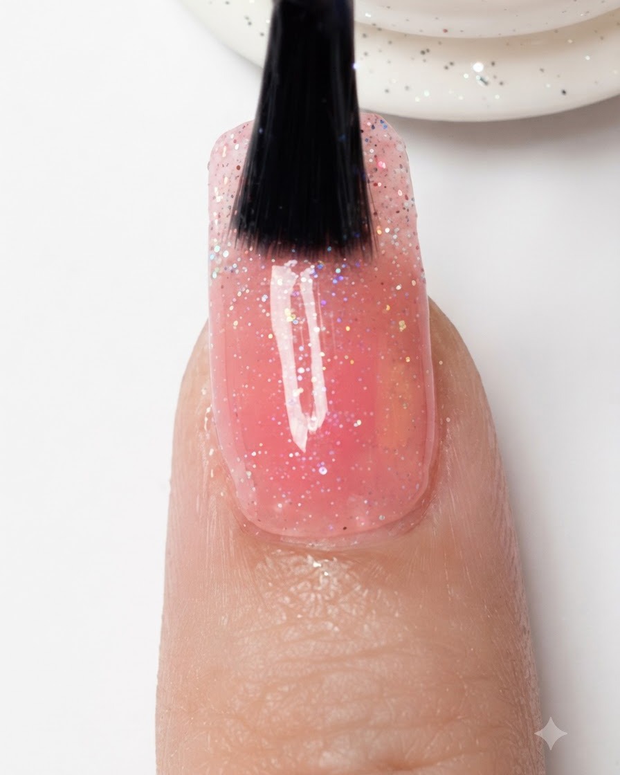 Un pennello che applica un top coat trasparente sullintera superficie di ununghia con sfumatura glitter.