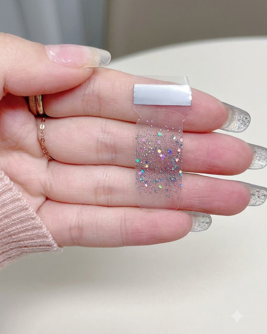 Primo piano di una mano che tiene un foglio trasparente di adesivi per unghie con gradiente glitter argento su uno sfondo neutro.