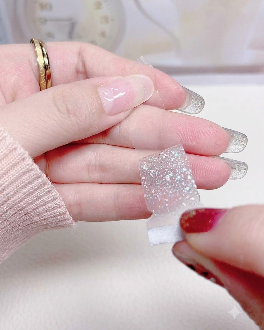 Una mano che rimuove con attenzione un adesivo per unghie glitter argento dal suo foglio di supporto in plastica trasparente.