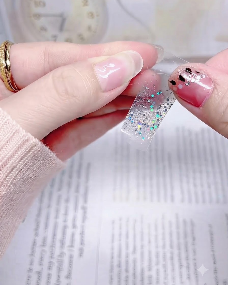 Una mano che tiene un adesivo glitter argento allineato con precisione appena sopra la cuticola di ununghia naturale.