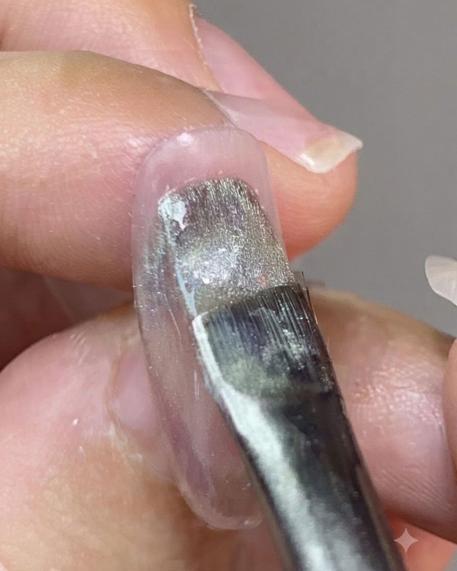 Un pennello che applica uno smalto magnetico cat-eye brillante sulla superficie di ununghia.