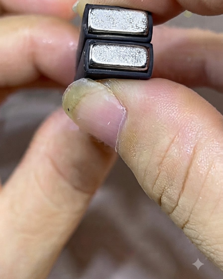 Due piccoli magneti a barra tenuti strettamente insieme in un allineamento parallelo.
