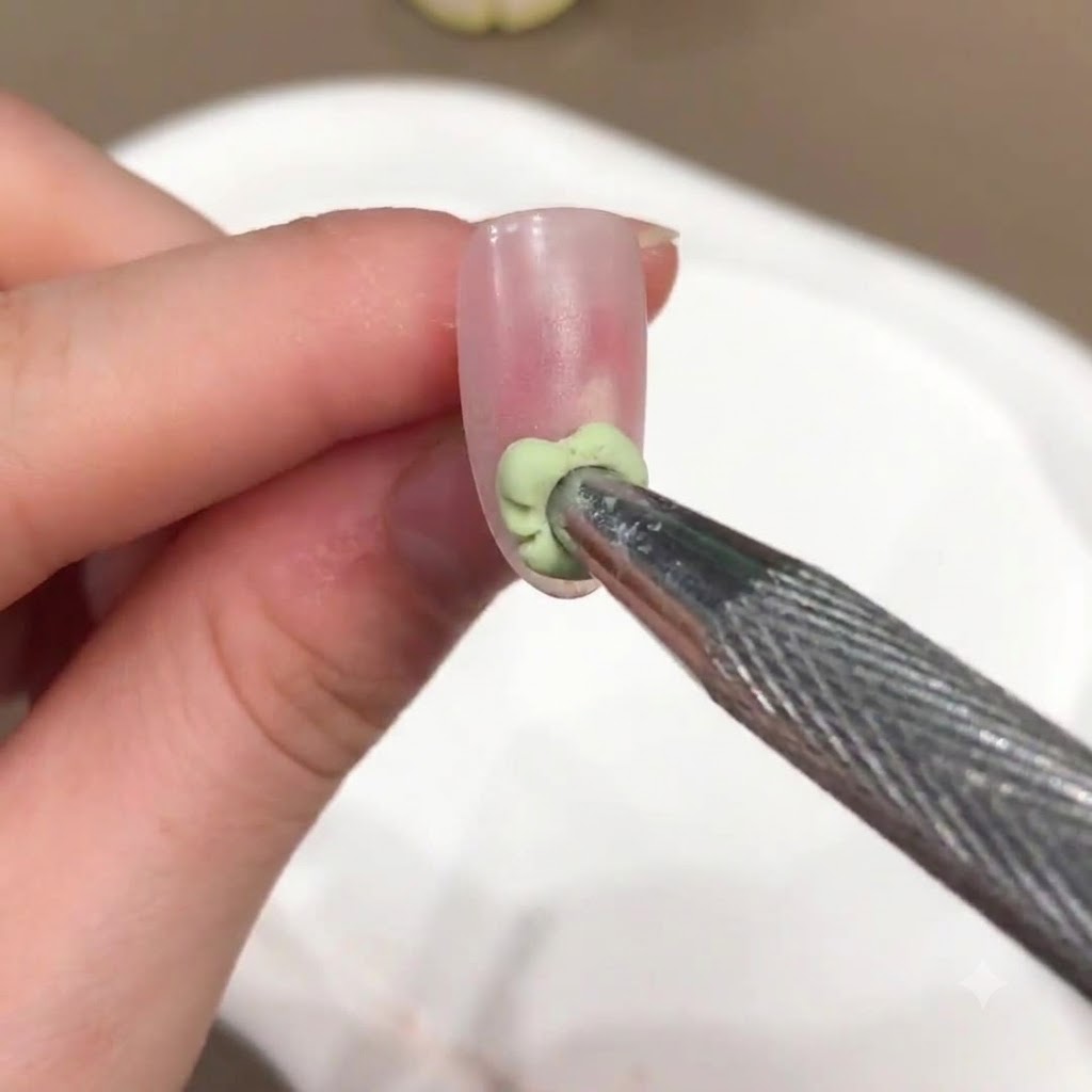 Uno strumento in metallo posiziona una piccola goccia di gel verde sulla superficie dellunghia rosa nude preparata.