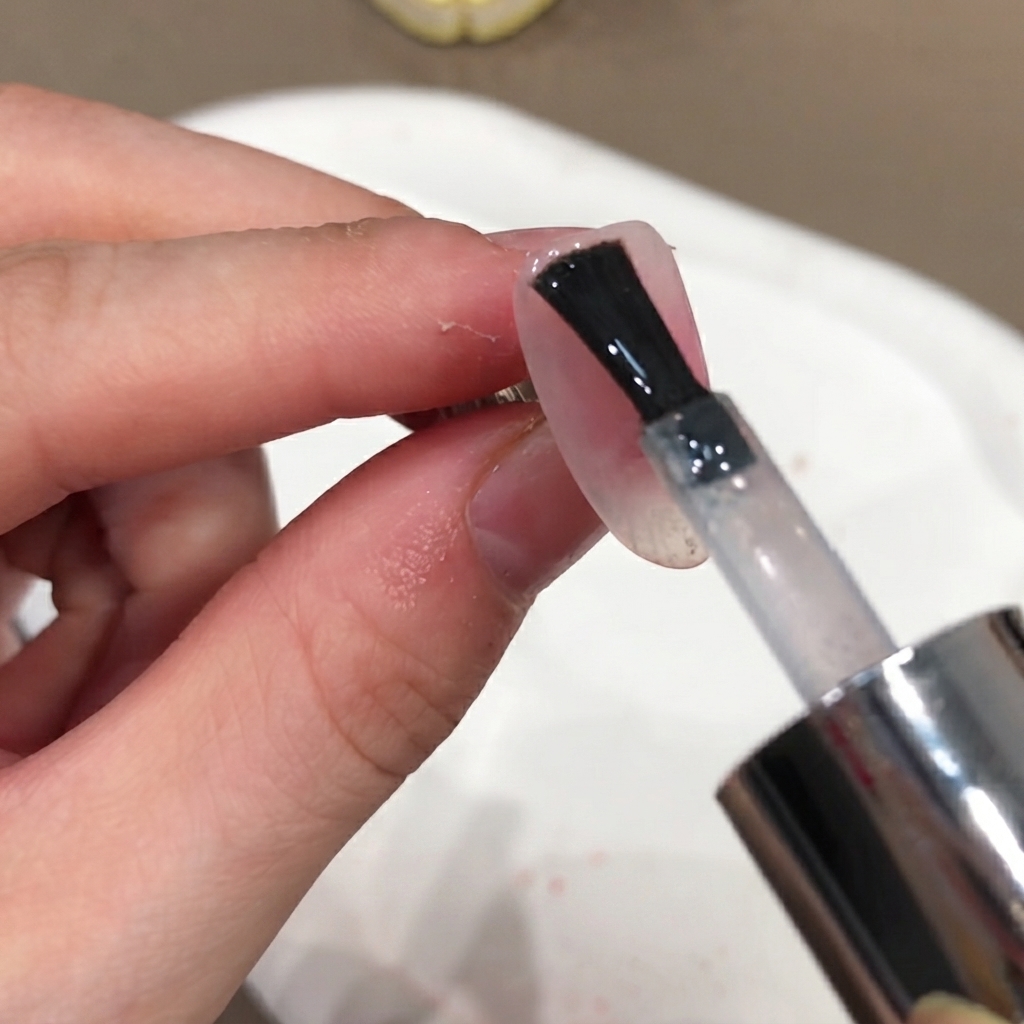 Un pennello da smalto applica un top coat trasparente senza dispersione sulla superficie di ununghia manicurata.