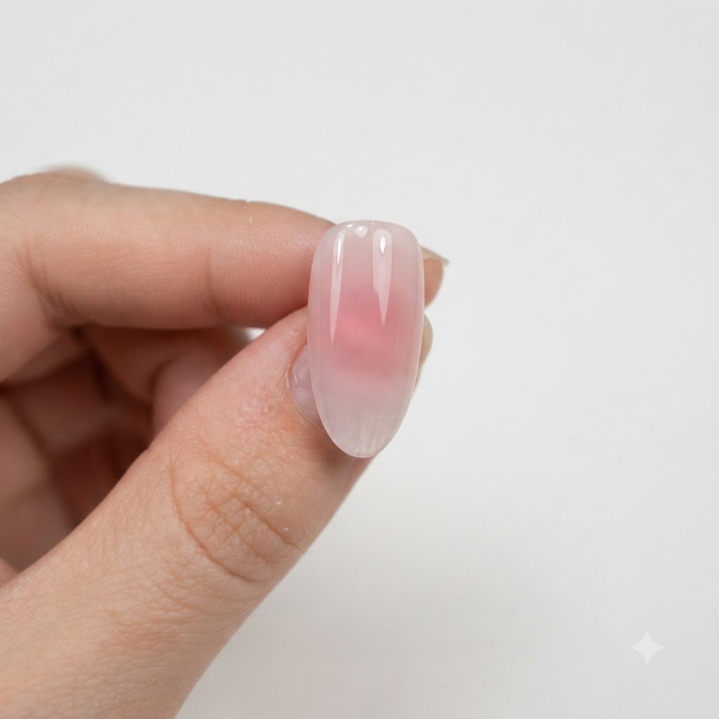 Una vista ravvicinata di ununghia rosa nude con un sottile effetto sfumato rosa sotto un top coat lucido.