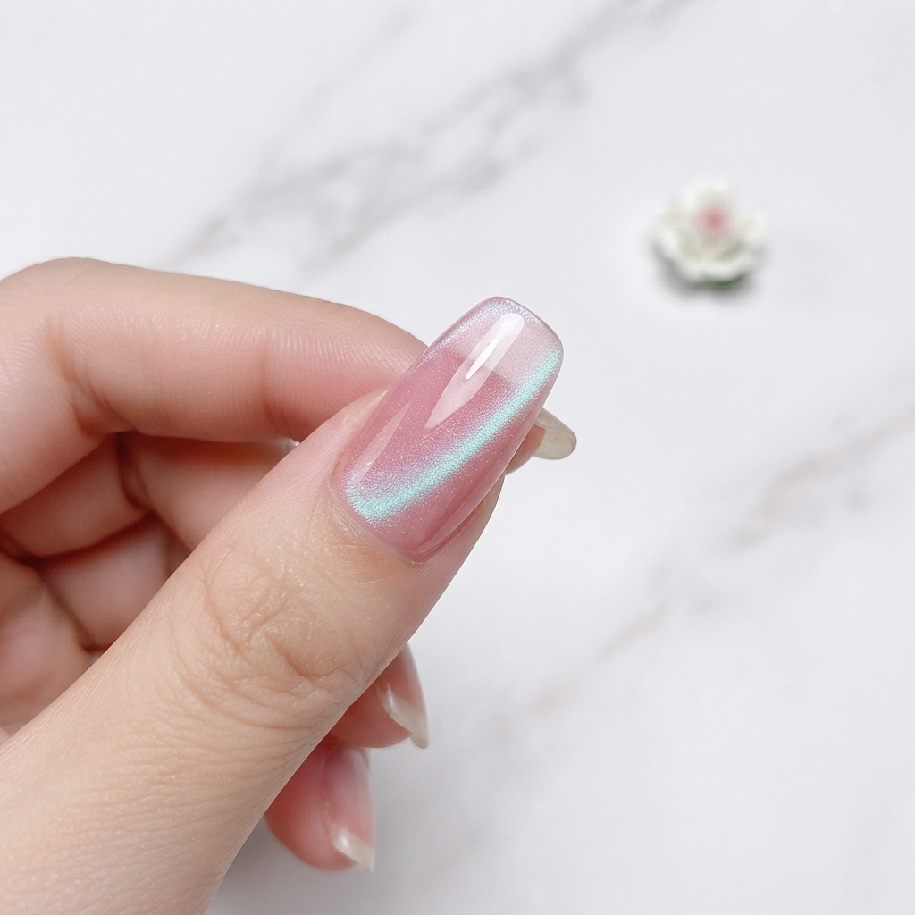 Una vista ravvicinata di un dito manicurato con un gel cat eye trasparente effetto vetro applicato sulla base.