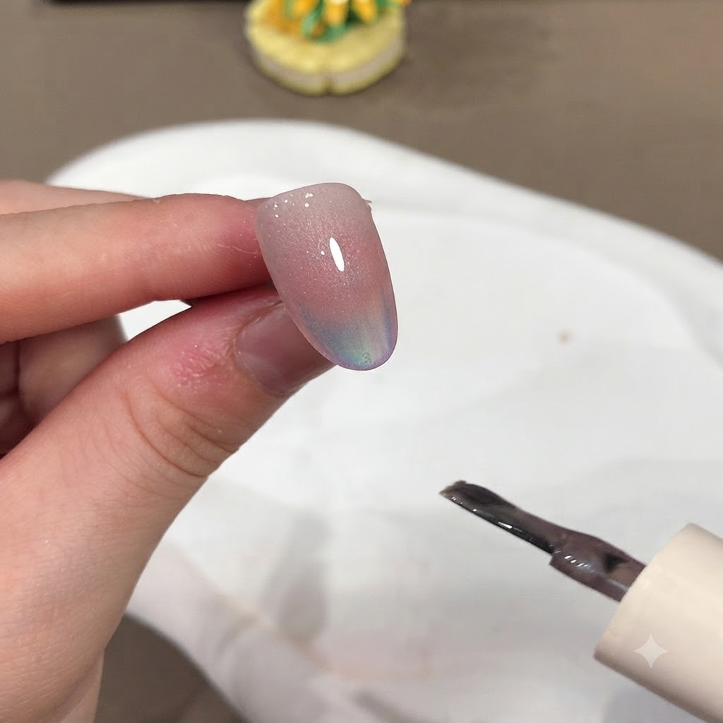 Un pennello e un magnete vicino a ununghia manicurata per modellare leffetto luce cat eye.
