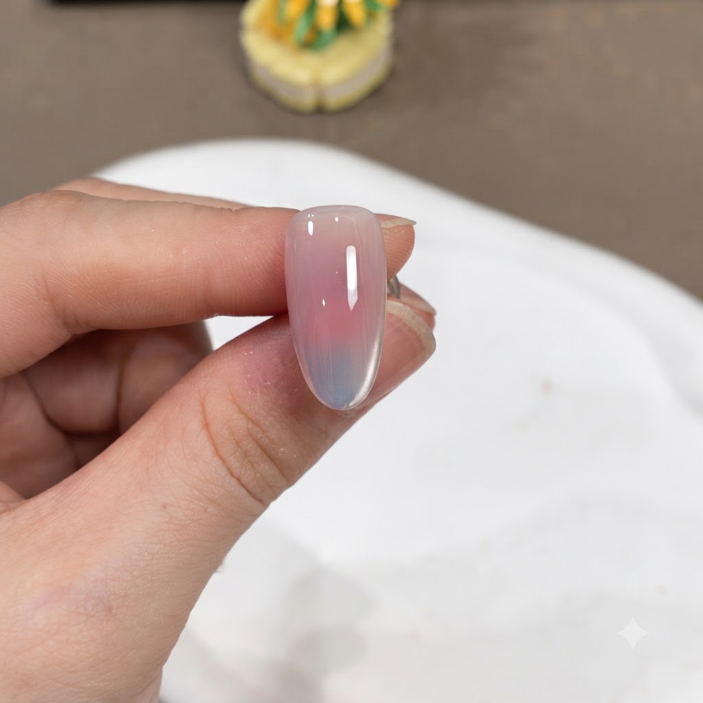 Ununghia manicurata finita che mostra uno strato di top coat lucido pronto per la polimerizzazione finale.