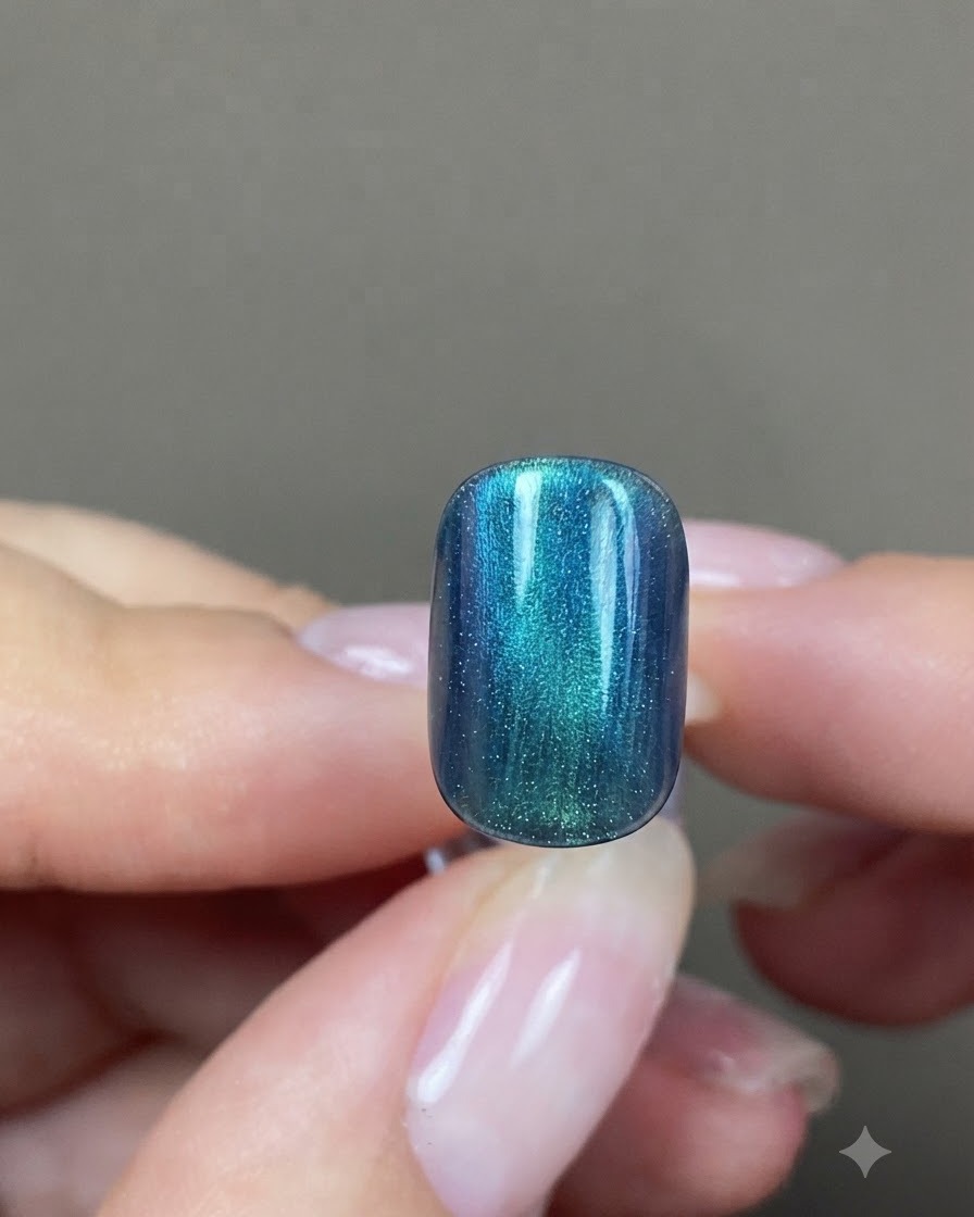 Ununghia artificiale su un supporto che mostra una superficie lucida blu-verde liscia e autolivellata.