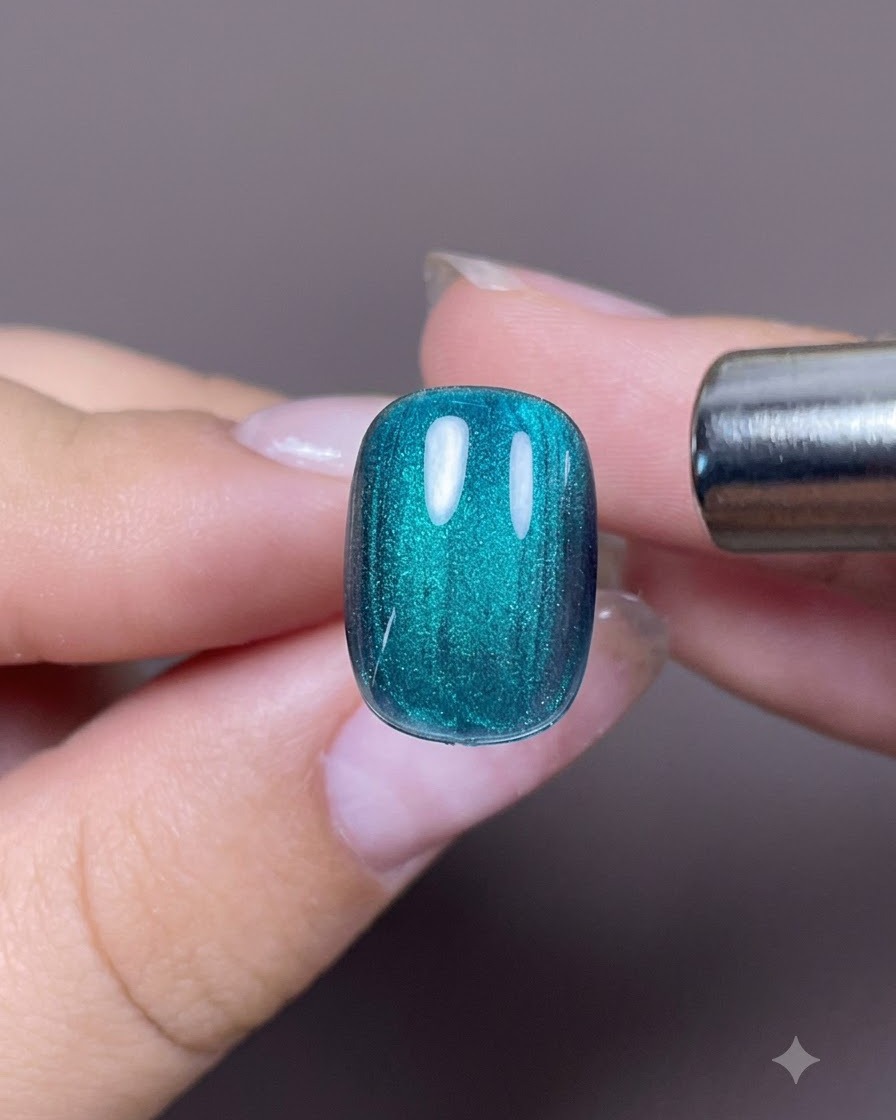Uno strumento magnetico tenuto vicino al lato di ununghia cat eye blu-verde per formare un effetto luce laterale.
