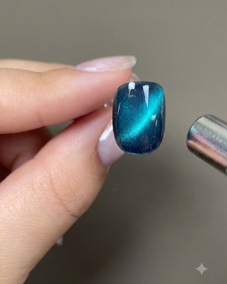 Un magnete cilindrico tenuto vicino alla parte superiore di ununghia cat eye blu-verde per creare un cerchio di luce concentrato.