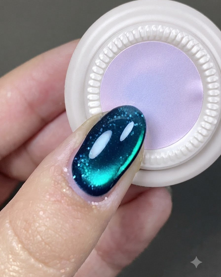 Un magnete quadrato che spazza verso lalto sopra ununghia in gel cat eye per creare un effetto sfumato.