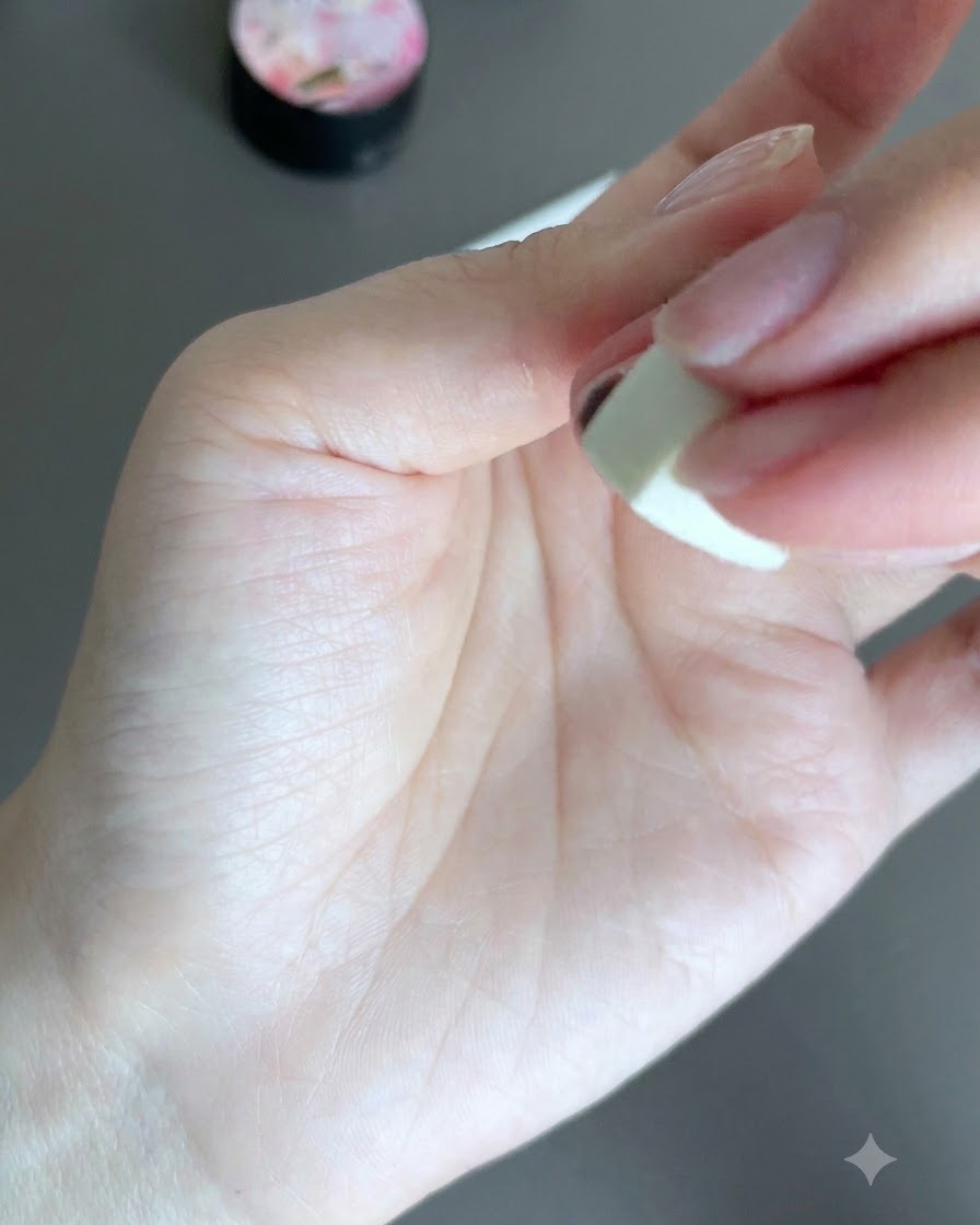 Un dito con ununghia con base sfumata nera e nastro protettivo attorno alla zona delle cuticole.