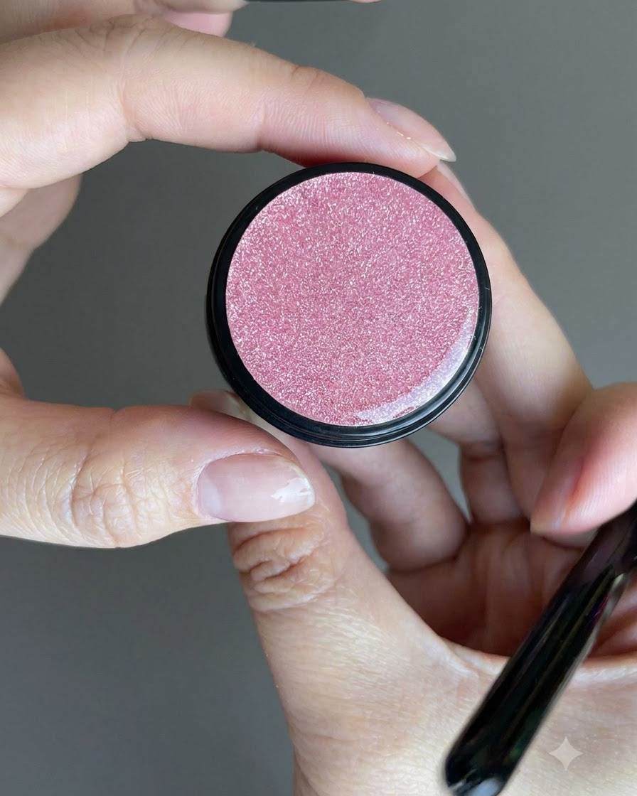 Un flacone di smalto gel cat eye glitterato rosa tenuto aperto tra le mani.