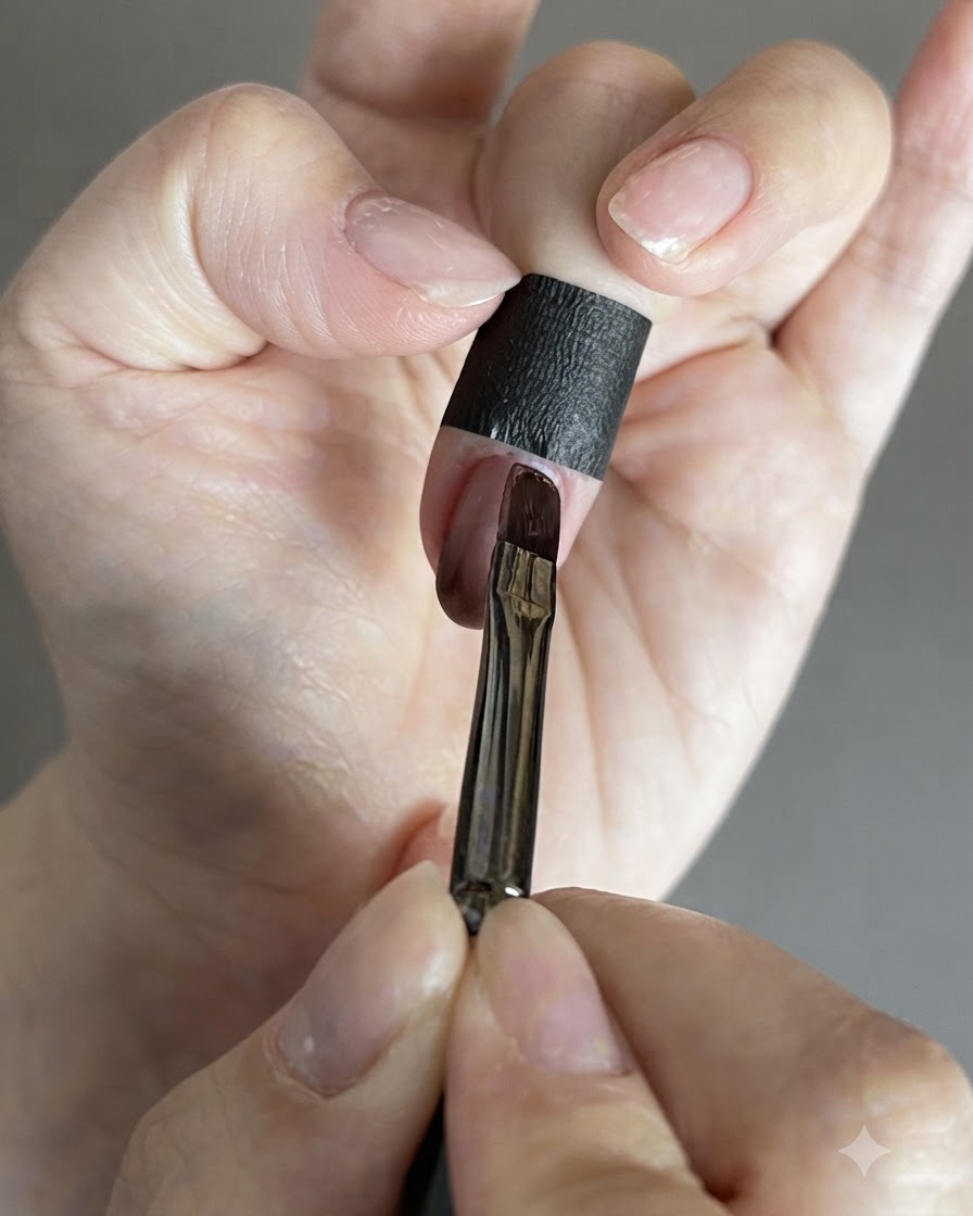 Un pennello per nail art che applica lo smalto gel cat eye rosa su ununghia sfumata.