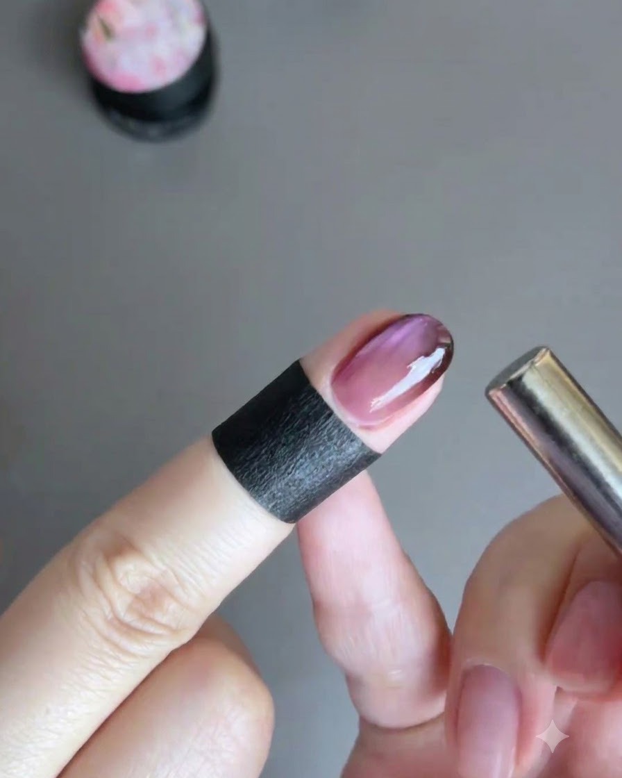 Primo piano di un dito con smalto gel cat eye rosa fresco manipolato da uno strumento magnetico cilindrico tenuto parallelamente al bordo dellunghia.