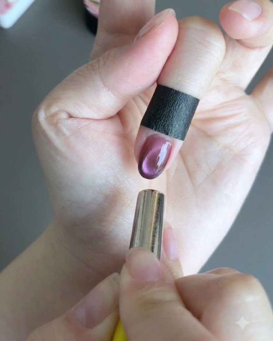 Uno strumento magnetico tenuto puntato verso la punta di ununghia smaltata, che fa roteare il gel cat eye rosa per formare un riflesso rotondo e luminoso a sfera di vetro.