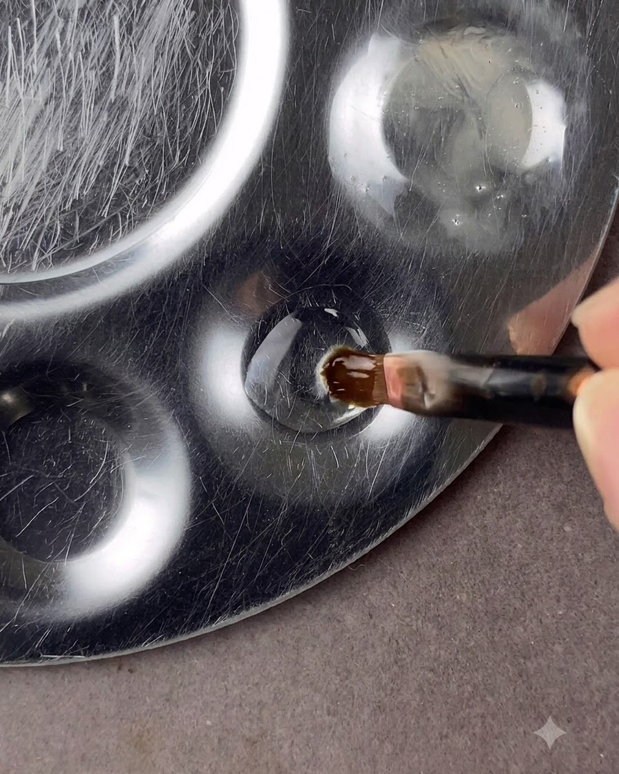 Un pennello per nail art dalla testa tonda intinge una goccia di base gel trasparente su una tavolozza di metallo.