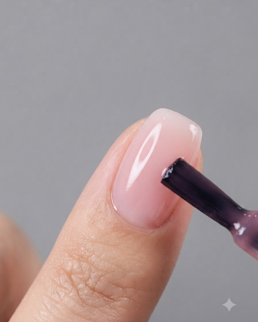 Un pennello applica un piccolo punto di gel rosa al centro di ununghia.