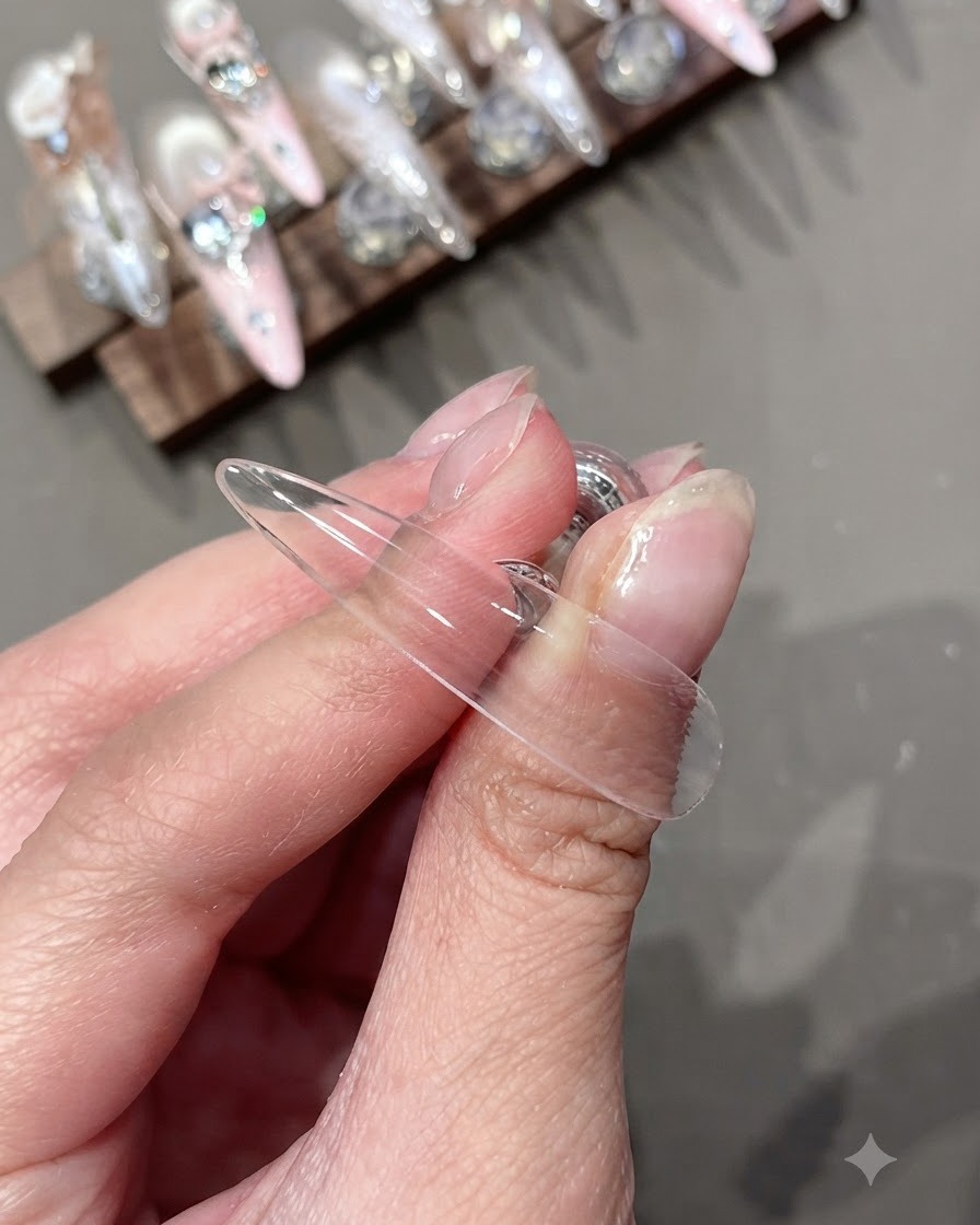 Una tip per unghia finta trasparente che mostra un rivestimento liscio di base gel morbida.