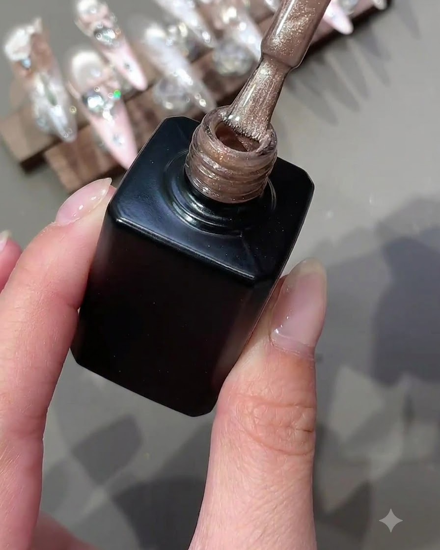 Un pennellino per smalto che trattiene del gel cat eye scintillante sopra una boccetta nera aperta.