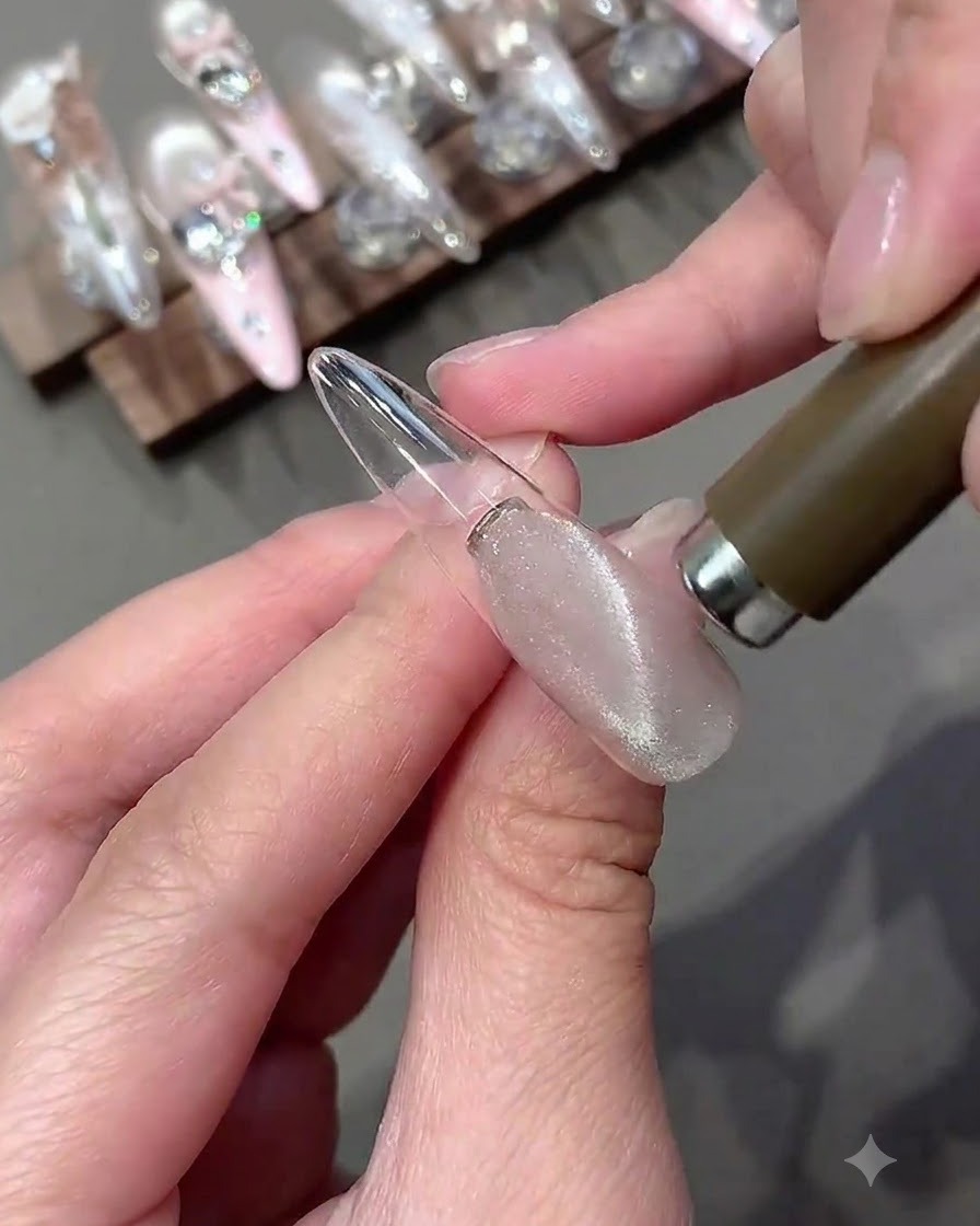 Una mano che tiene una bacchetta magnetica sospesa su ununghia in gel cat eye scintillante.
